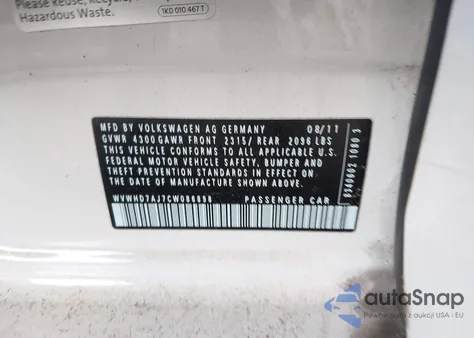 2012 Volkswagen Gti 4-Door Autobahn z USA, uszkodzony, nr VIN WVWHD7AJ7CW086898